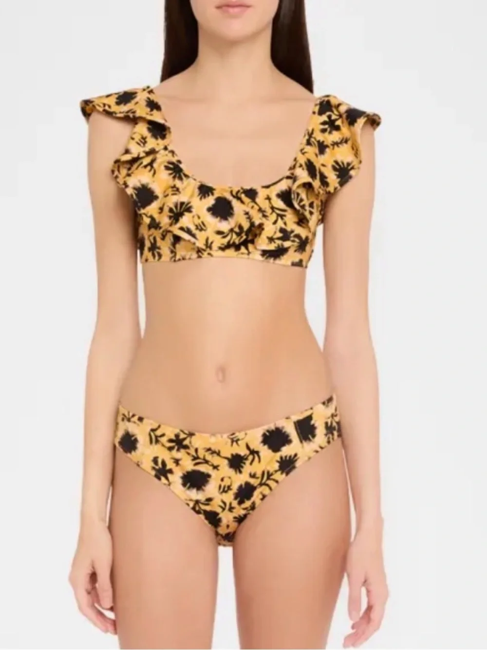 NWT Ulla Johnson $425 Yellow Floral Ruffle Bikini Top and Bottom Set XS